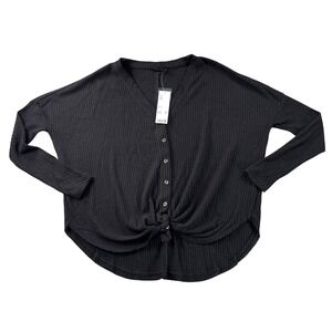 Out from Under Top Womens XS Black Waffle Knit Button Up Tie Front Oversized NWT